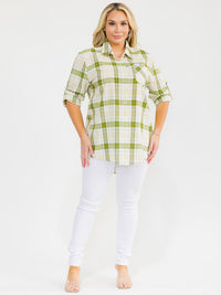 PLUS SIZE LONG SLEEVE BUTTON UP FRONT POCKET HIGH-LOW PLAID OVERSIZE SHIRT