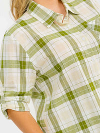 PLUS SIZE LONG SLEEVE BUTTON UP FRONT POCKET HIGH-LOW PLAID OVERSIZE SHIRT