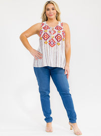 PLUS SIZE SLEEVELESS V-NECK MULTI PRINT EMBROIDERY TOP