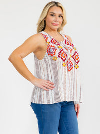 PLUS SIZE SLEEVELESS V-NECK MULTI PRINT EMBROIDERY TOP