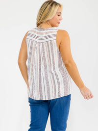 PLUS SIZE SLEEVELESS V-NECK MULTI PRINT EMBROIDERY TOP