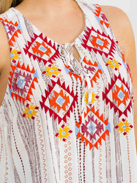 PLUS SIZE SLEEVELESS V-NECK MULTI PRINT EMBROIDERY TOP