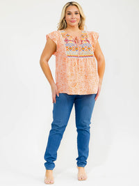 PLUS SIZE SHORT SLEEVE V-NECK MULTI PRINT EMBROIDERY BLOUSE