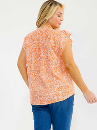 PLUS SIZE SHORT SLEEVE V-NECK MULTI PRINT EMBROIDERY BLOUSE