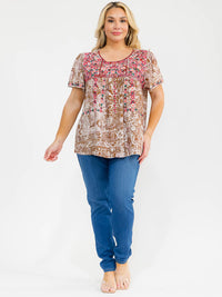 PLUS SIZE SHORT SLEEVE EMBROIDERY FLORAL DETAILED TUNIC MULTI TOP