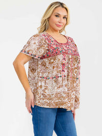 PLUS SIZE SHORT SLEEVE EMBROIDERY FLORAL DETAILED TUNIC MULTI TOP