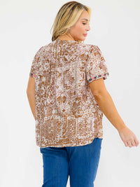 PLUS SIZE SHORT SLEEVE EMBROIDERY FLORAL DETAILED TUNIC MULTI TOP