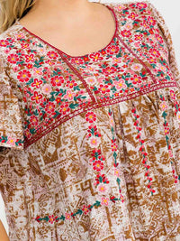 PLUS SIZE SHORT SLEEVE EMBROIDERY FLORAL DETAILED TUNIC MULTI TOP