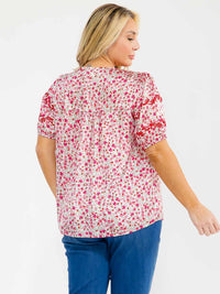 PLUS SIZE SHORT SLEEVE V-NECK FLORAL PRINT EMBROIDERY BLOUSE