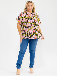 PLUS SIZE SHORT SLEEVE V-NECK FLORAL PRINT BLOUSE