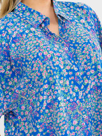 PLUS SIZE SHORT SLEEVE V-NECK BUTTON UP FLORAL PRINT BLOUSE