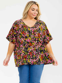 PLUS SIZE SHORT SLEEVE V-NECK FLROAL PRINT BLOUSE