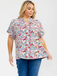 PLUS SIZE SHORT SLEEVE V-NECK MULTI PRINT BLOUSE