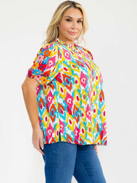 PLUS SIZE SHORT SLEEVE MULTI PRINT EMBROIDERY BLOUSE
