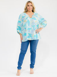 PLUS SIZE LONG SLEEVE V-NECK LOOSE FIT FLORAL PRINT BLOUSE