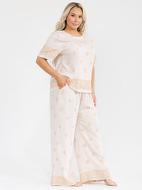 PLUS SIZE SHORT SLEEVE BLOUSE & ELASTIC WAIST PANTS MULTI PRINT 2PC. SET