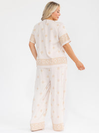 PLUS SIZE SHORT SLEEVE BLOUSE & ELASTIC WAIST PANTS MULTI PRINT 2PC. SET