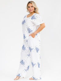 PLUS SIZE SHORT SLEEVE BLOUSE & ELASTIC WAIST PANTS EMBROIDERY 2PC. SET