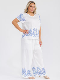 PLUS SIZE SHORT SLEEVE BLOUSE & ELASTIC WAIST PANTS MULTI PRINT 2PC. SET
