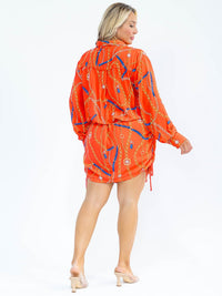 PLUS SIZE LONG SLEEVE MULTI PRINT SIDE RUCHED MINI DRESS