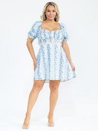 PLUS SIZE SHORT PUFF SLEEVE ELASTIC WAIST FLORAL MINI DRESS