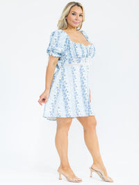 PLUS SIZE SHORT PUFF SLEEVE ELASTIC WAIST FLORAL MINI DRESS