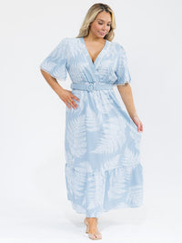 PLUS SIZE SHORT SLEEVE SURPLICE BELTED LEAF PRINT MAXI DRESS