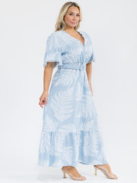PLUS SIZE SHORT SLEEVE SURPLICE BELTED LEAF PRINT MAXI DRESS
