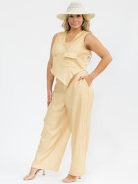 PLUS SIZE SLEEVELESS BLOUSE & BUTTON CLOSURE PANTS STRIPES DETAILED 2PC. SET