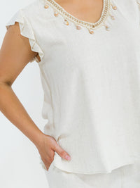 PLUS SIZE RUFFLE SLEEVE BLOUSE & ELASTIC WAIST PANTS TRIM DETAILED LINEN 2PC. SET
