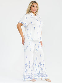 PLUS SIZE SHORT SLEEVE BLOUSE & ELASTIC WAIST PANTS EMBROIDERY 2PC. SET