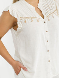 PLUS SIZE RUFFLE SLEEVE BLOUSE & ELASTIC WAIST PANTS TRIM DETAILED LINEN 2PC. SET