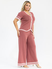 PLUS SIZE SHORT SLEEVE BLOUSE & ELASTIC WAIST PANTS KNIT COLORBLOCK 2PC. SET