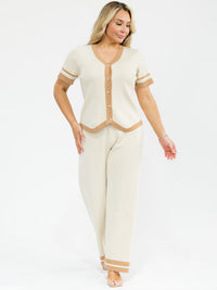 PLUS SIZE SHORT SLEEVE BLOUSE & ELASTIC WAIST PANTS KNIT COLORBLOCK 2PC. SET