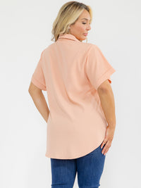PLUS SIZE SHORT SLEEVE BUTTON UP FRONT POCKETS HIGH-LOW STUDS BLOUSE