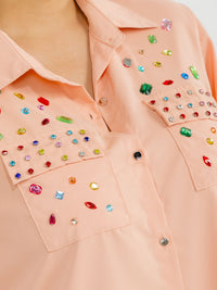 PLUS SIZE SHORT SLEEVE BUTTON UP FRONT POCKETS HIGH-LOW STUDS BLOUSE