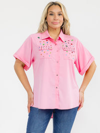 PLUS SIZE SHORT SLEEVE BUTTON UP FRONT POCKETS HIGH-LOW STUDS BLOUSE