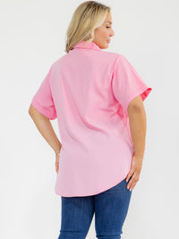 PLUS SIZE SHORT SLEEVE BUTTON UP FRONT POCKETS HIGH-LOW STUDS BLOUSE