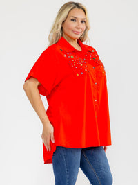 PLUS SIZE SHORT SLEEVE BUTTON UP FRONT POCKETS HIGH-LOW STUDS BLOUSE