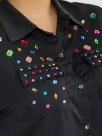PLUS SIZE SHORT SLEEVE BUTTON UP FRONT POCKETS HIGH-LOW STUDS BLOUSE
