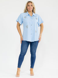 PLUS SIZE SHORT SLEEVE BUTTON UP STUDS HEART BLOUSE
