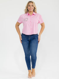 PLUS SIZE SHORT SLEEVE BUTTON UP FRONT POCKET SEQUINS HEART BLOUSE