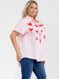 PLUS SIZE SHORT SLEEVE BUTTON UP STUDS HEART PRINT BLOUSE