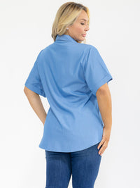 PLUS SIZE SHORT SLEEVE BUTTON UP FRONT POCKET HEART BLOUSE
