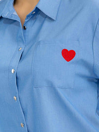 PLUS SIZE SHORT SLEEVE BUTTON UP FRONT POCKET HEART BLOUSE