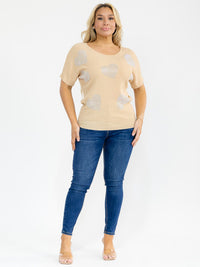 PLUS SIZE SHORT SLEEVE RIBBED SEQUINS HEART PRINT BLOUSE