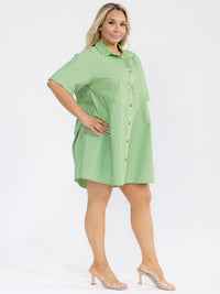 PLUS SIZE SHORT SLEEVE BUTTON UP SHIMMER STRIPES LOOSE FIT MINI DRESS