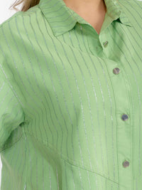PLUS SIZE SHORT SLEEVE BUTTON UP SHIMMER STRIPES LOOSE FIT MINI DRESS