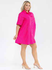 PLUS SIZE SHORT SLEEVE BUTTON UP SHIMMER STRIPES LOOSE FIT MINI DRESS