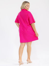 PLUS SIZE SHORT SLEEVE BUTTON UP SHIMMER STRIPES LOOSE FIT MINI DRESS
